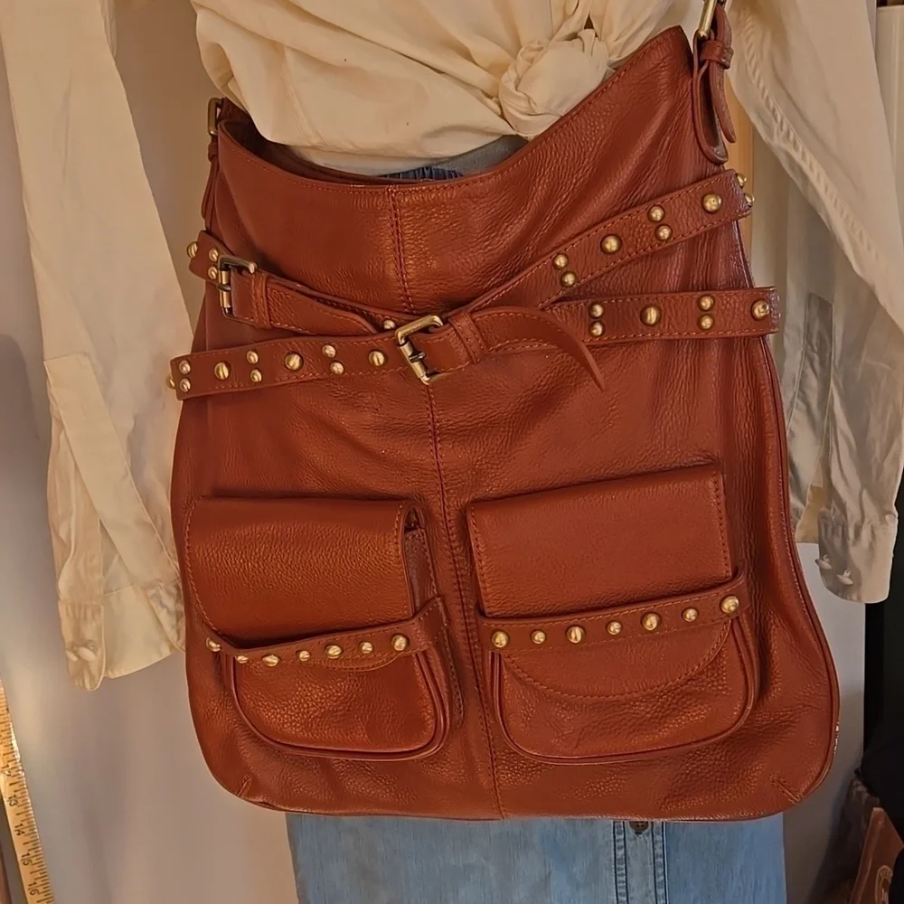 Leather Bucket Hobo Crossbody Chocolat Blu Brand Pebble Leather Gold Stud Detail